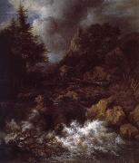 Jacob van Ruisdael Waterfall with a Half-timbered House and Castle Germany oil painting artist